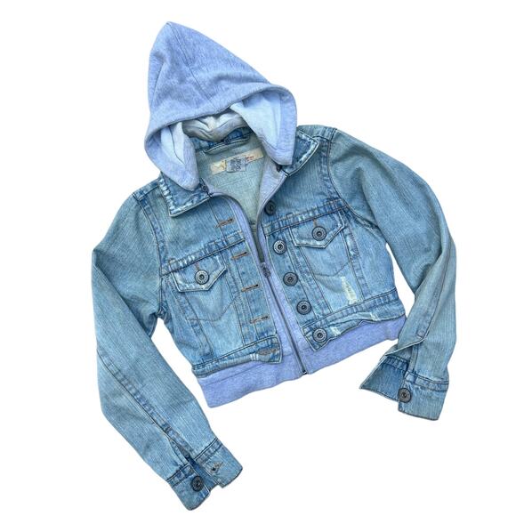 Z Cavaricci Size XS Cropped Denim Jacket Sweatshirt Hoodie Combo Layered - Picture 1 of 8